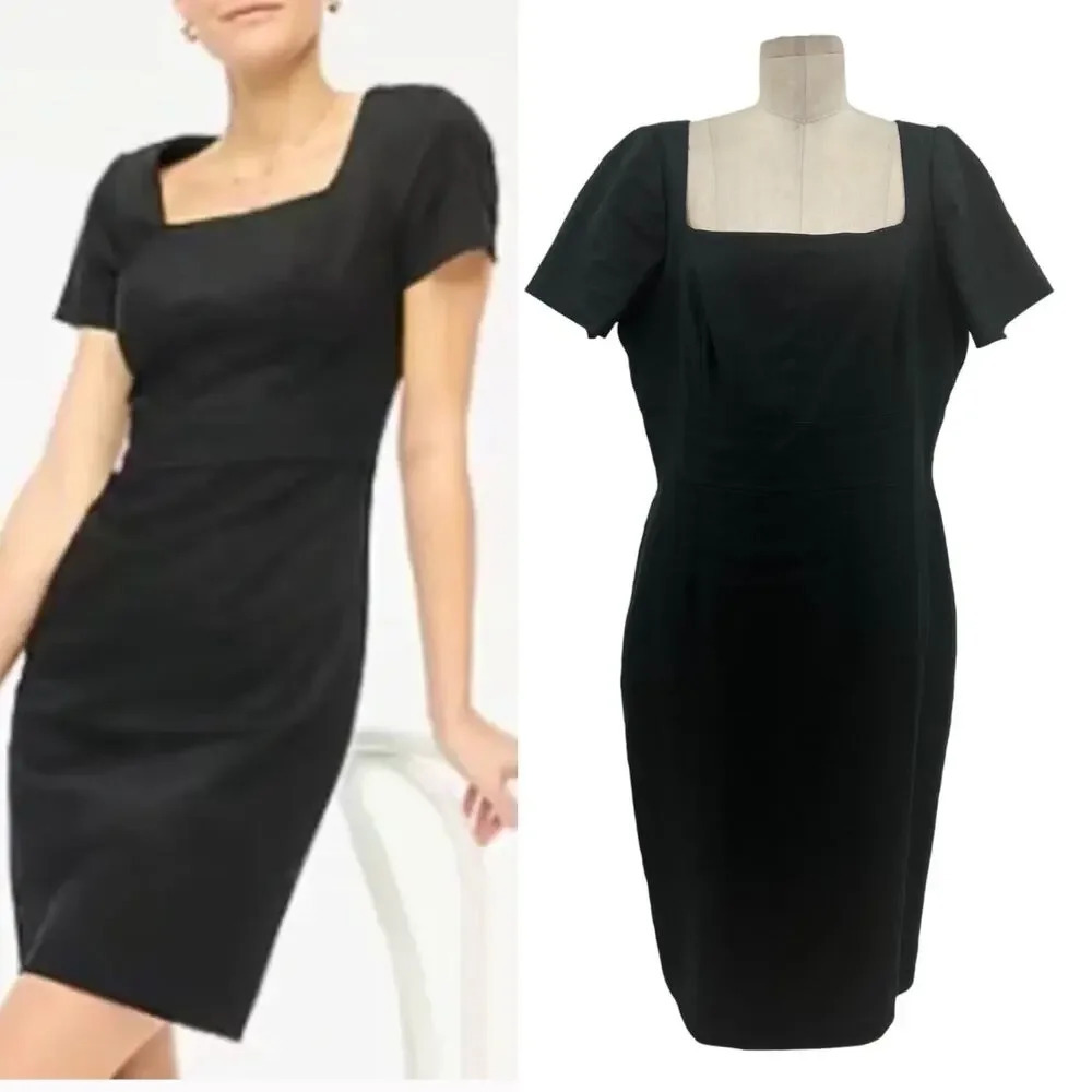 J.Crew Squareneck Sheath Dress in Stretch Linen‎ Blend Black Size 16T Tall